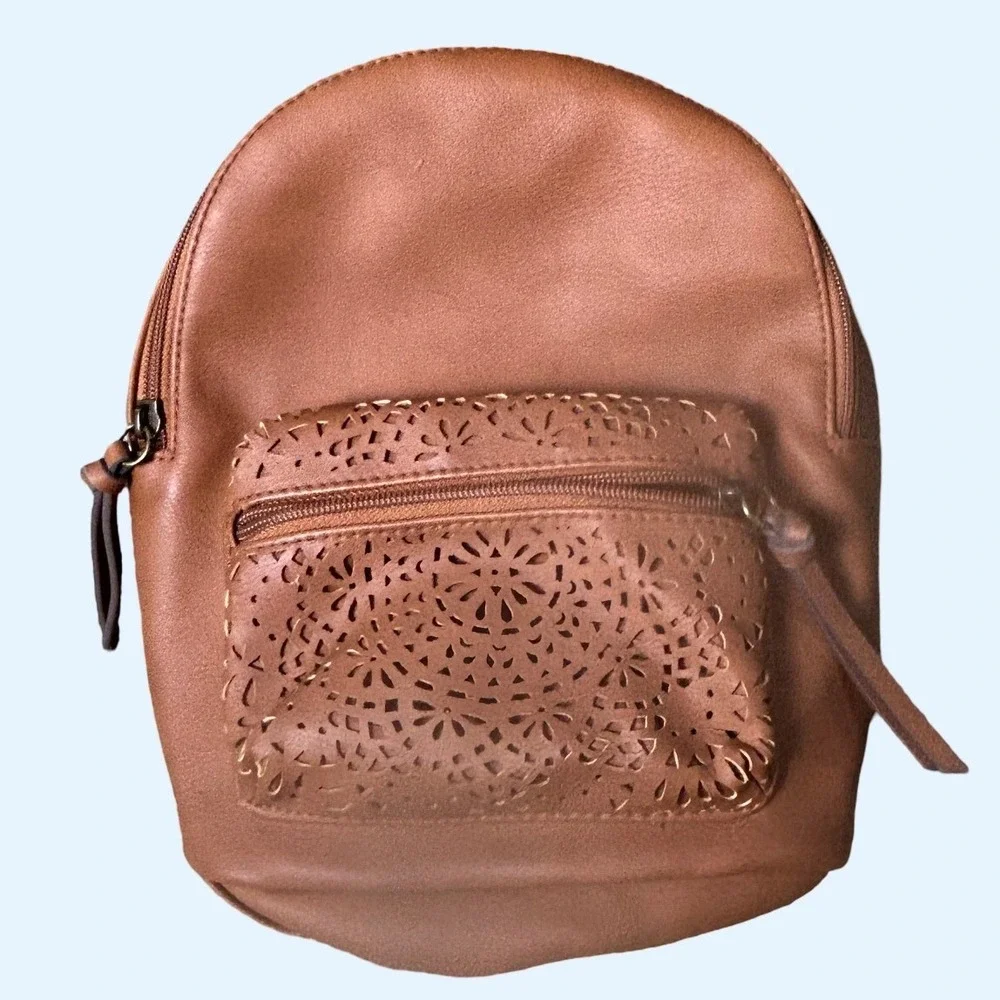Unbranded Tan Faux Leather‎ Mini Backpack Laser Cut Floral Small Brown